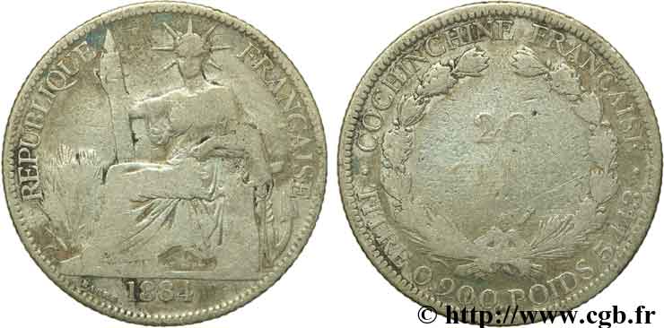 FRENCH COCHINCHINA 20 centimes 1884 Paris VF 