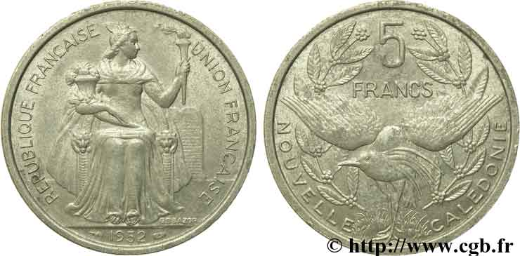 NUEVA CALEDONIA 5 Francs Union Française représentation allégorique de Minerve / Kagu, oiseau de Nouvelle-Calédonie 1952 Paris MBC 