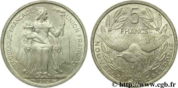 NEUKALEDONIEN 5 Francs Union Française représentation allégorique de Minerve / Kagu, oiseau de Nouvelle-Calédonie 1952 Paris VZ 