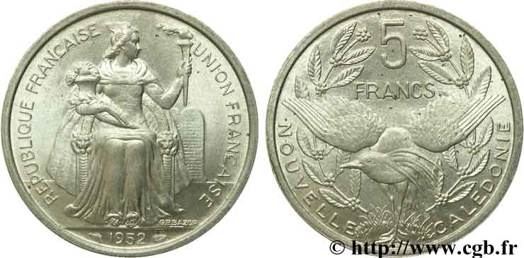 NOUVELLE CALÉDONIE 5 francs 1952 Paris SPL 