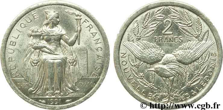 NUEVA CALEDONIA 2 Francs I.E.O.M. représentation allégorique de Minerve / Kagu, oiseau de Nouvelle-Calédonie 1991 Paris EBC 