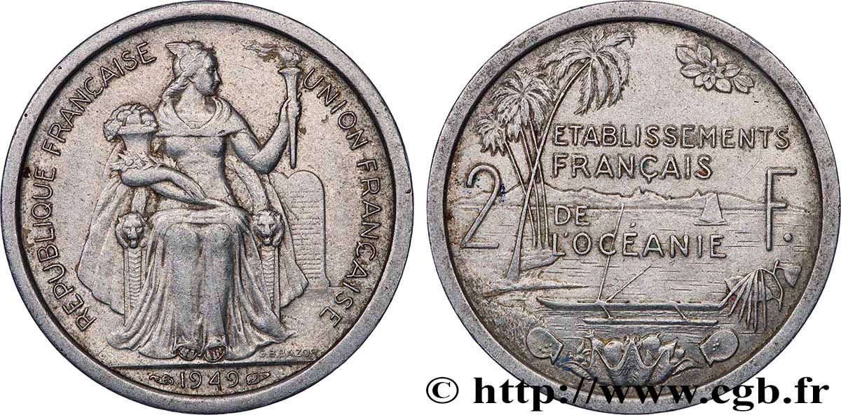 FRENCH POLYNESIA - French Oceania 2 Francs Union Française 1949 Paris XF 