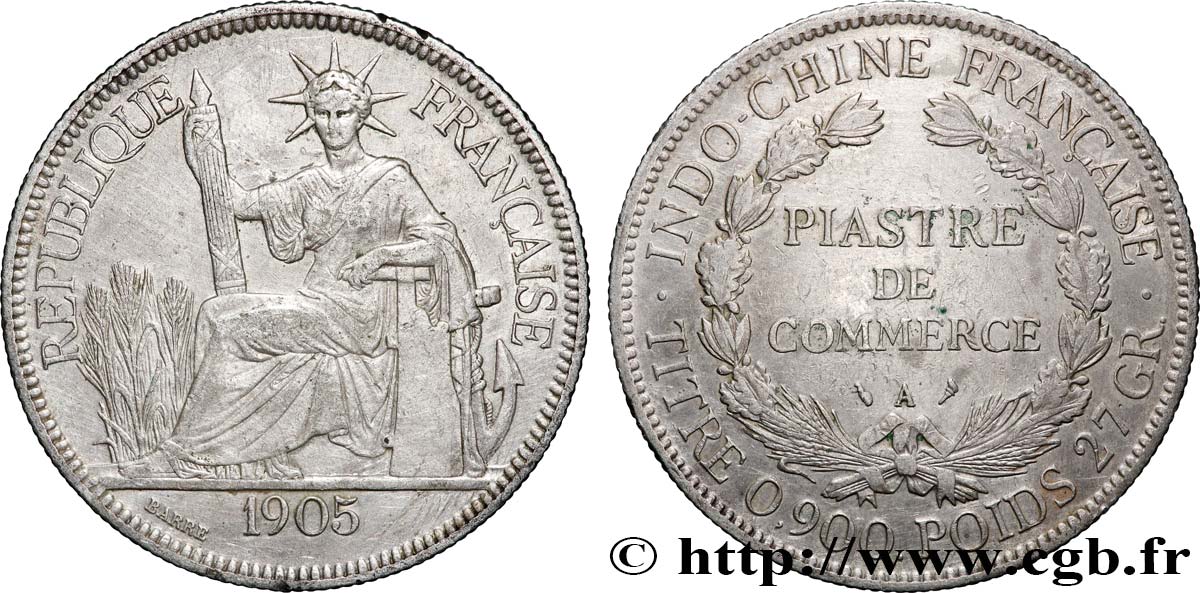 INDOCHINE FRANÇAISE 1 Piastre de Commerce 1905 Paris TTB 