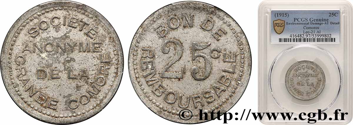 KOMOREN 25 Centimes 1915  VZ PCGS