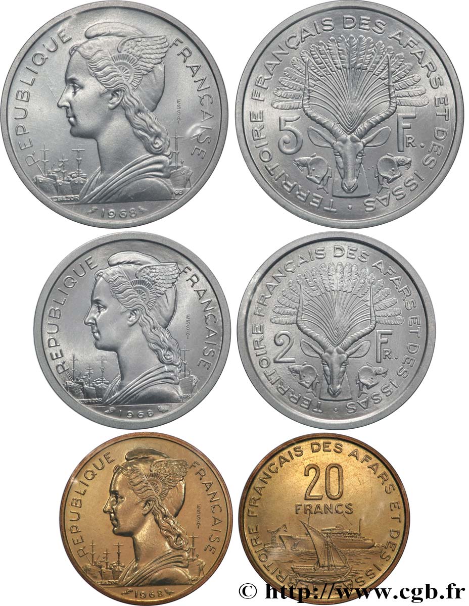 DSCHIBUTI - Französisches Afar- und Issa-Territorium Essai de 20, 5 et 2 Francs 1968 Paris ST 