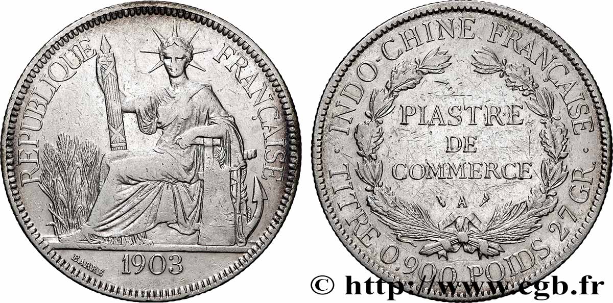 FRENCH INDOCHINA 1 Piastre de Commerce 1903 Paris VF 