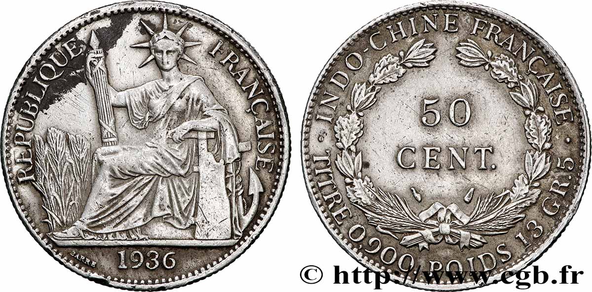 FRENCH INDOCHINA 50 Centièmes 1936 Paris XF 