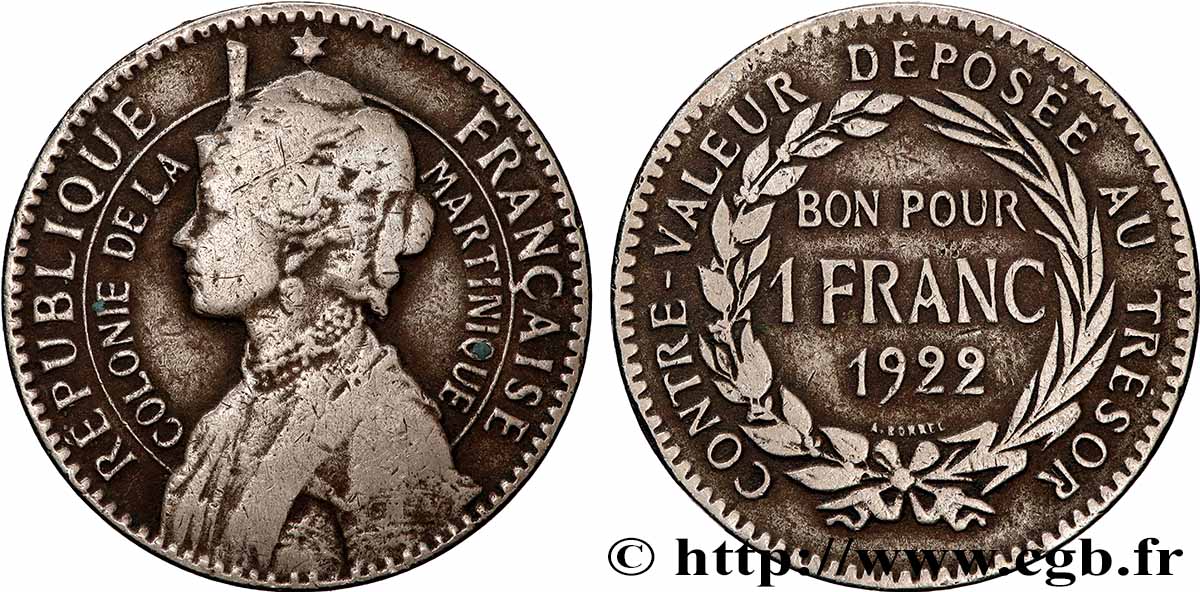 MARTINIQUE Bon pour 1 Franc Colonie de la Martinique 1922 sans atelier VF 