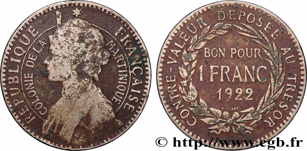 ÎLE DE LA MARTINIQUE Bon pour 1 Franc Colonie de la Martinique 1922 sans atelier TB 