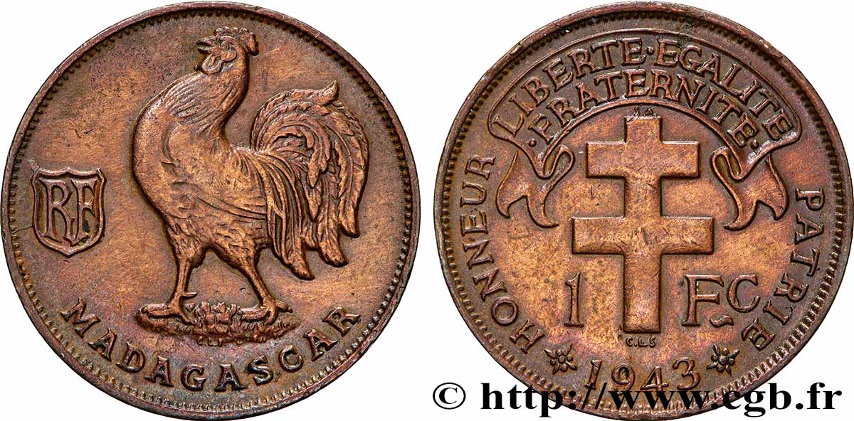 ÎLE DE MADAGASCAR - France Libre 1 Franc 1943 Prétoria TTB+ 