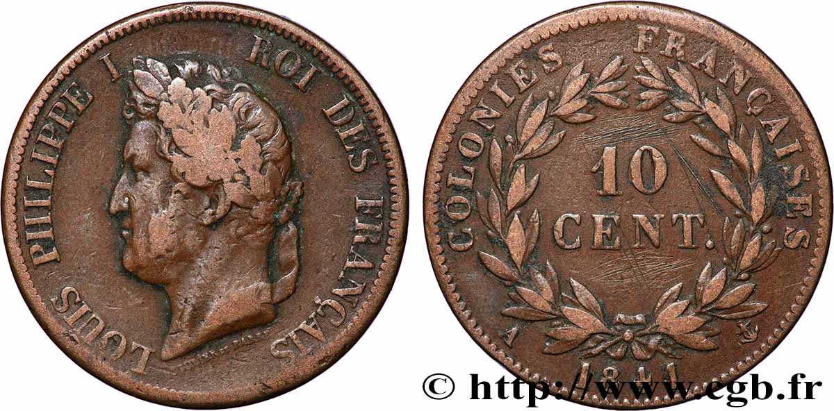 FRANZÖSISCHE KOLONIEN - Louis-Philippe, für Guadeloupe 10 Centimes 1841 Paris fSS 