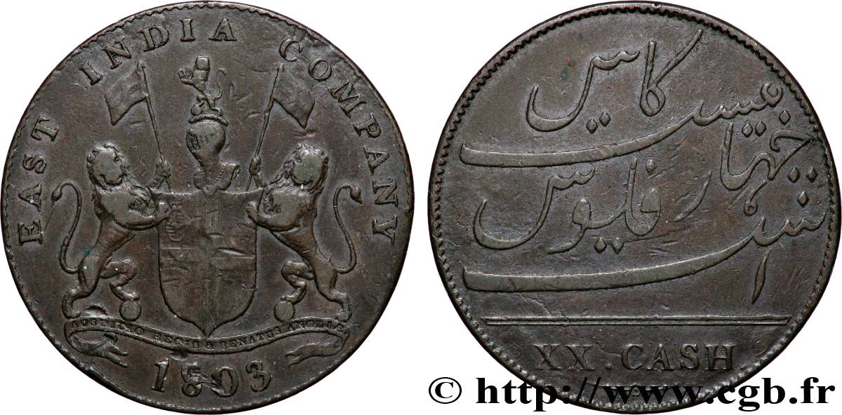ISLE OF FRANCE (MAURITIUS) XX (20) Cash East India Company 1803 Madras VF 