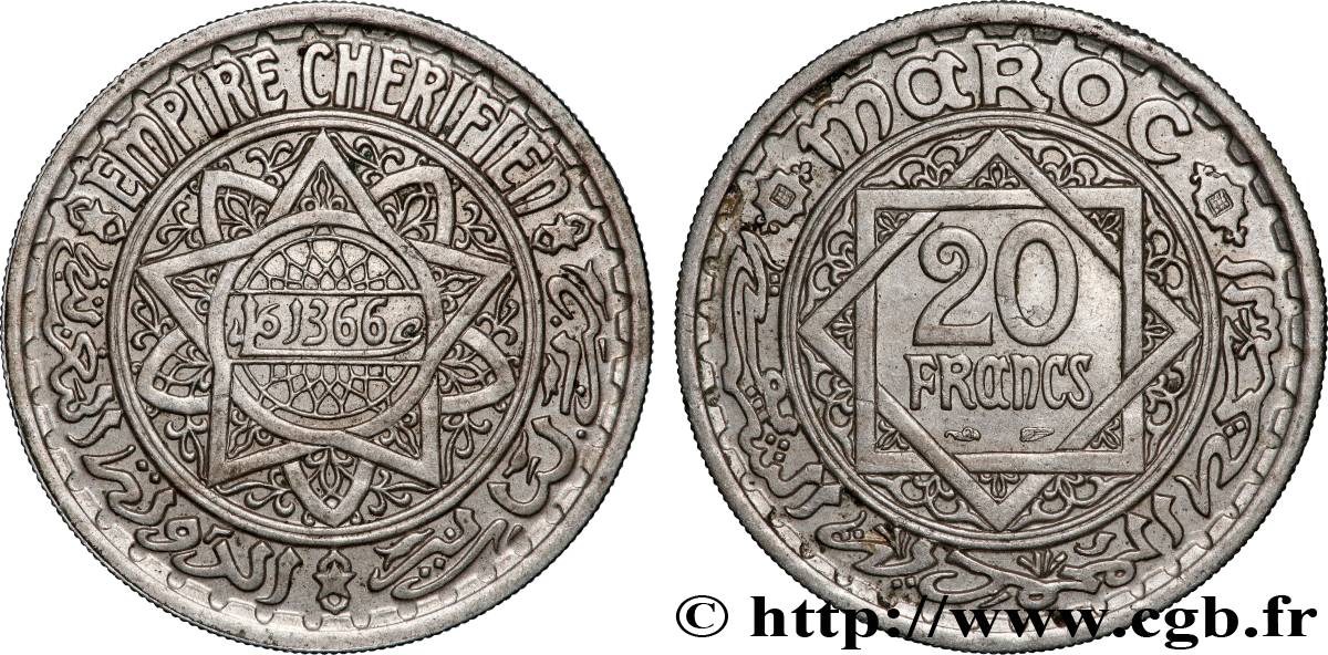 MAROKKO - FRANZÖZISISCH PROTEKTORAT 20 Francs AH 1366 1947 Paris VZ 