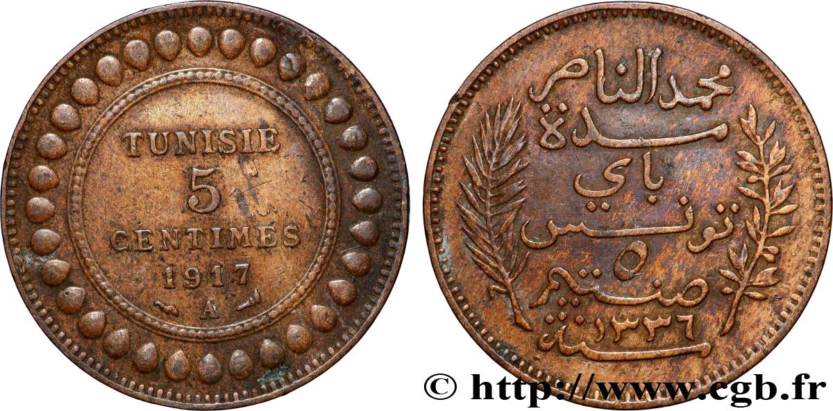TUNESIEN - Französische Protektorate  5 Centimes AH1336 1917 Paris SS 