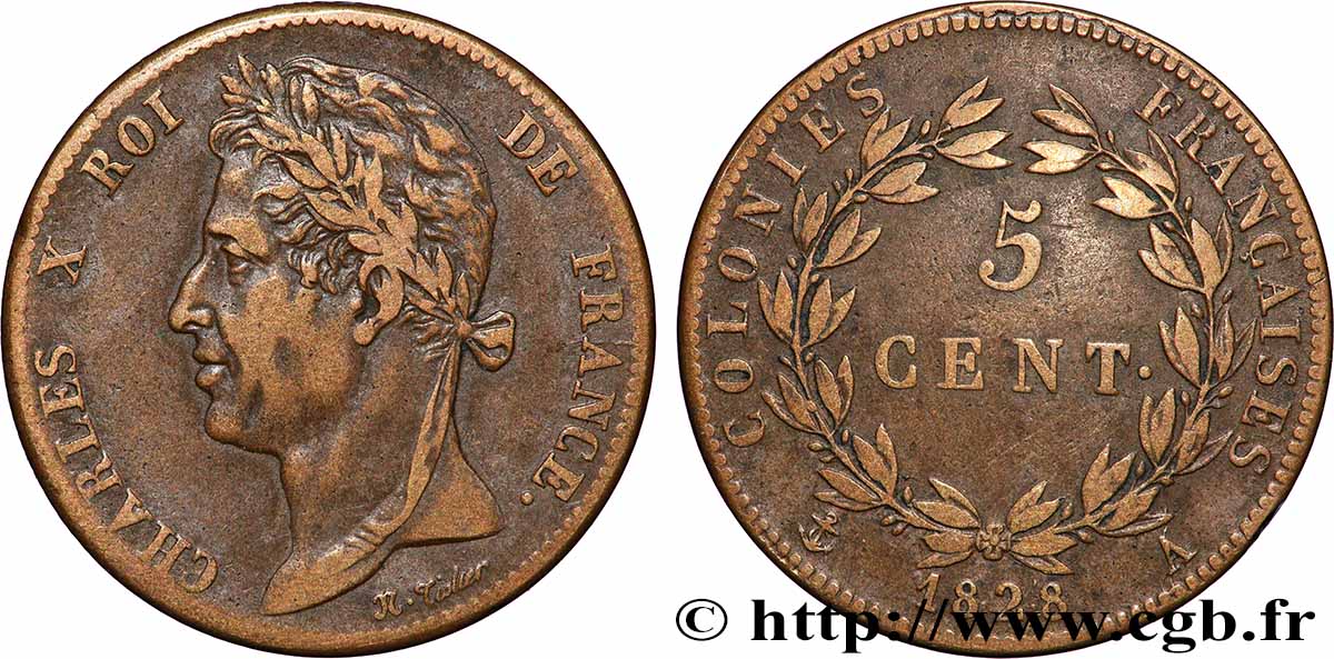COLONIES FRANÇAISES - Charles X, pour la Guyane 5 Centimes Charles X 1828 Paris - A TB+ 