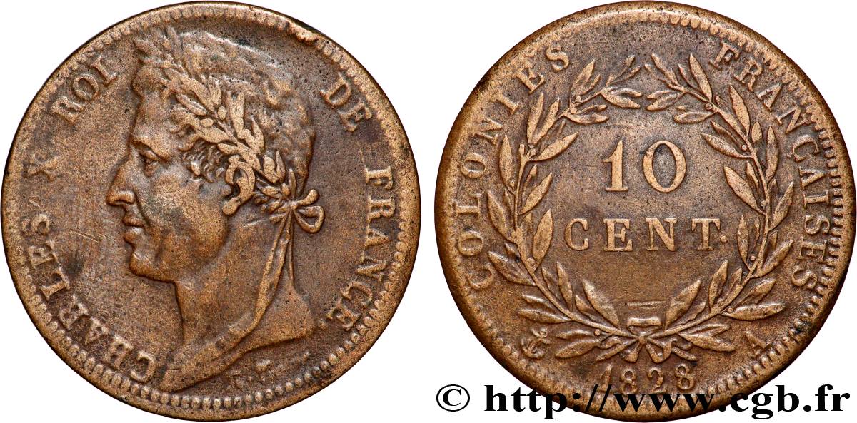 COLONIE FRANCESI - Carlo X, per Guyana 10 Centimes Charles X 1828 Paris - A q.BB 