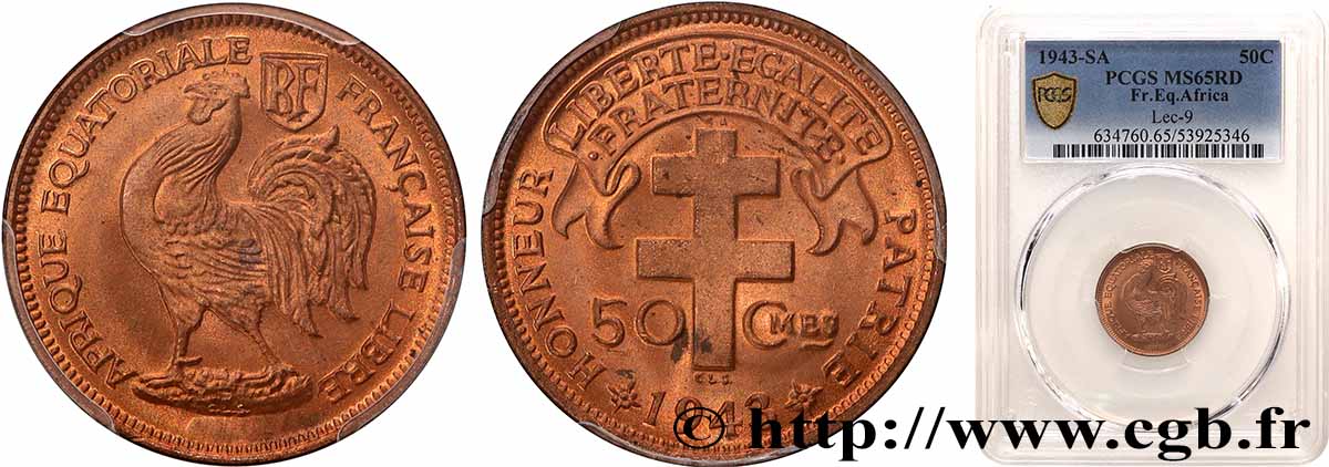 FRENCH EQUATORIAL AFRICA - FREE FRANCE  50 Centimes 1943 Prétoria MS65 PCGS