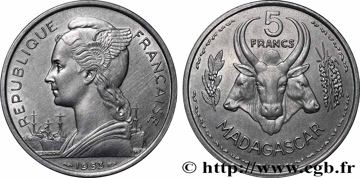 MADAGASCAR - UNION FRANCESE 5 Francs Marianne / buffles 1953 Paris SPL 