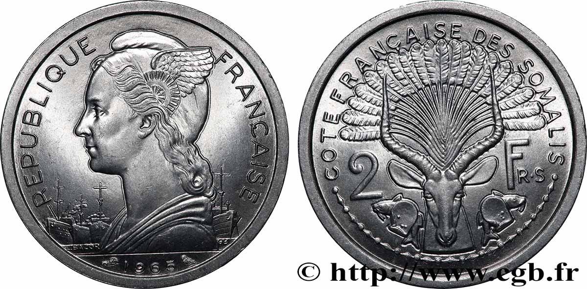 CÔTE FRANÇAISE DES SOMALIS 2 Francs Marianne / antilope 1965 Paris SPL 