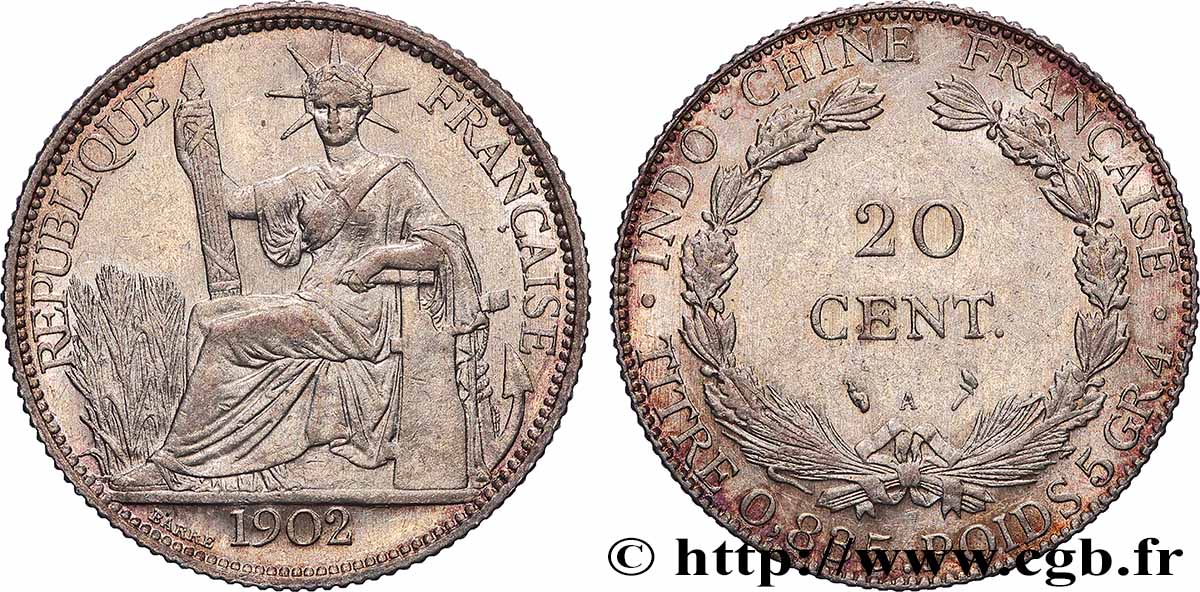 FRENCH INDOCHINA 20 Centièmes 1902 Paris AU 