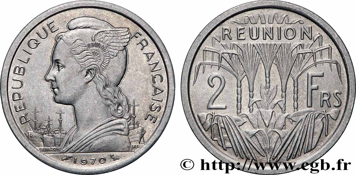 ÎLE DE LA RÉUNION 2 Francs Marianne / canne à sucre 1970 Paris SUP 