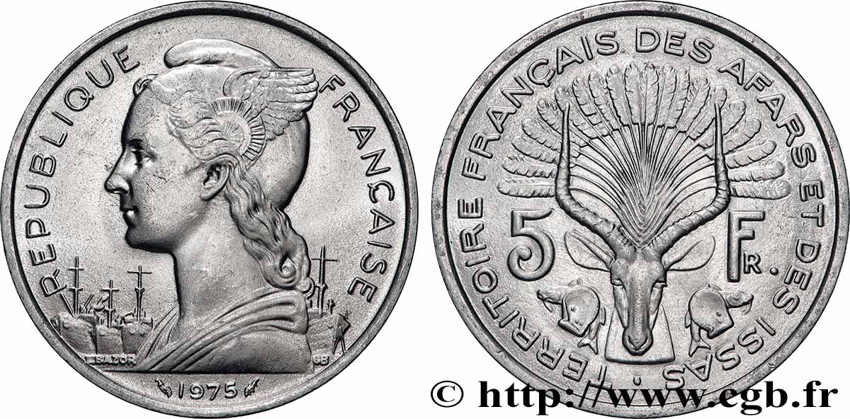 DJIBOUTI - Territoire français des AFARS et des ISSAS 5 Francs Marianne / antilope 1975 Paris SUP 