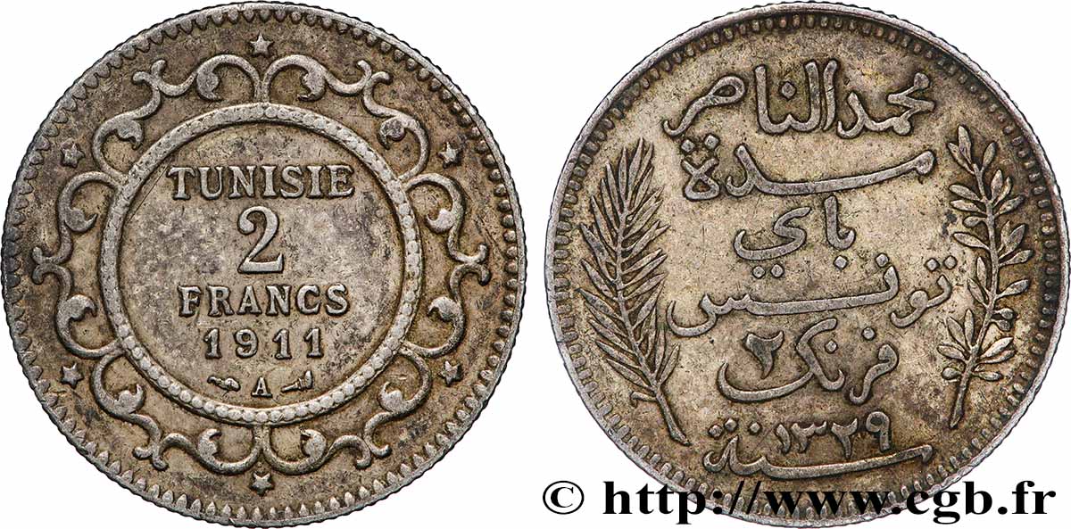 TUNISIE - PROTECTORAT FRANÇAIS 2 Francs AH1329 1911 Paris - A TTB 