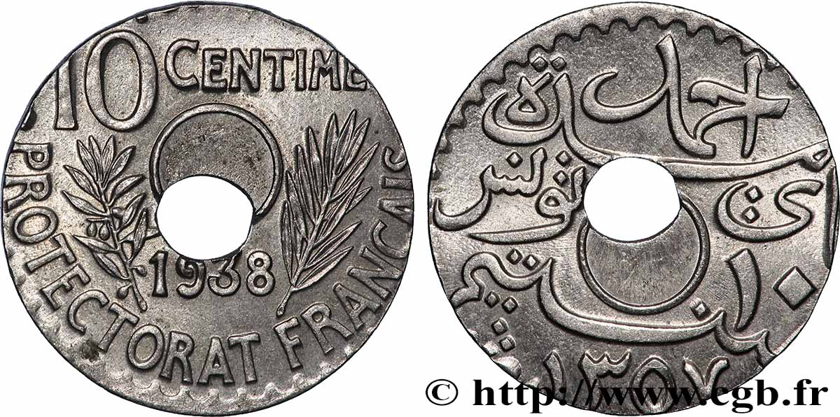 TUNISIE - PROTECTORAT FRANÇAIS 10 Centimes AH1358 frappé sur un flan de 5 centimes 1938 Paris SUP 