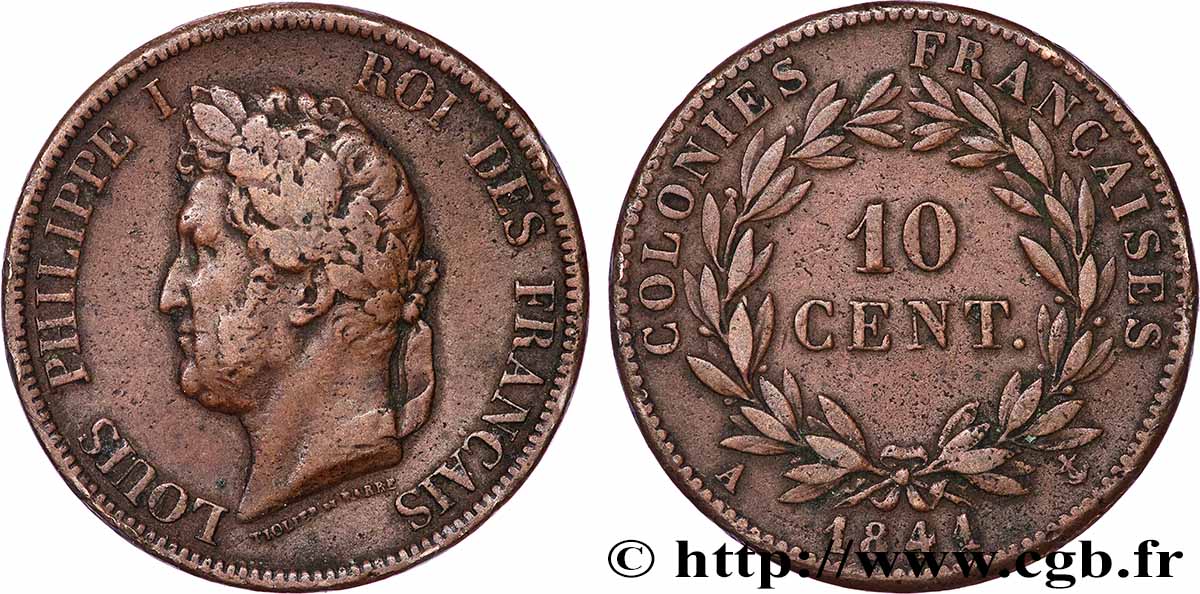 FRENCH COLONIES - Louis-Philippe for Guadeloupe 10 Centimes 1841 Paris XF 
