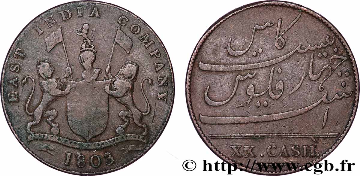 ISLE OF FRANCE (MAURITIUS) XX (20) Cash East India Company 1803 Madras VF 