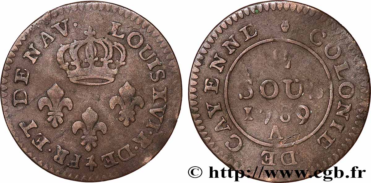 FRENCH GUIANA 2 Sous colonie de Cayenne 2e type 1789 Paris - A VF 