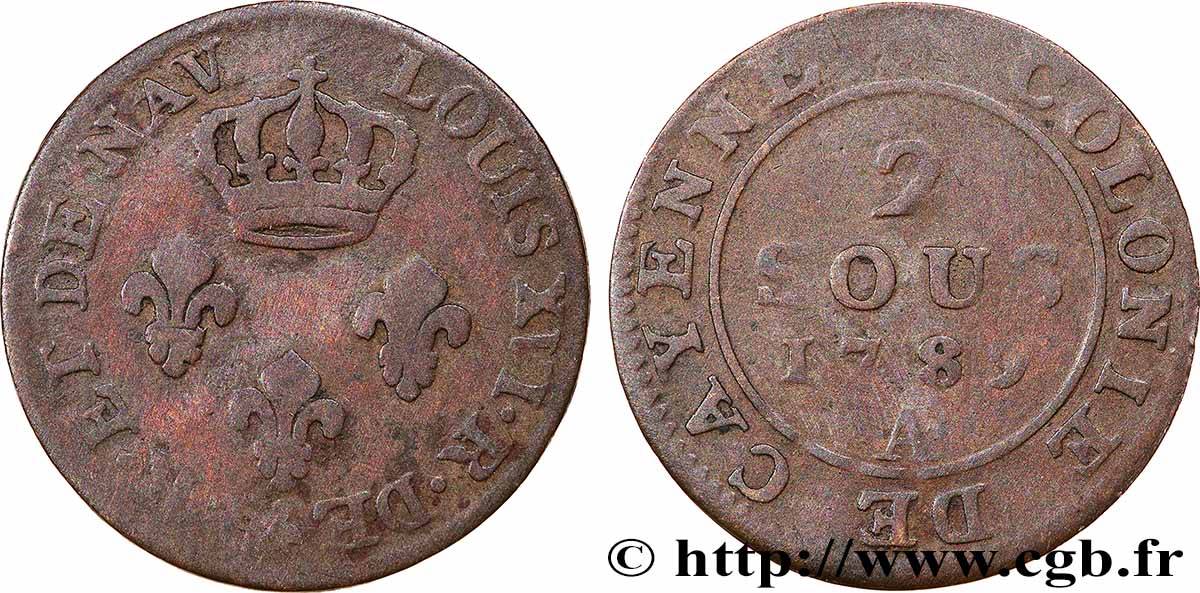 GUYANA FRANCESA 2 Sous colonie de Cayenne 2e type 1789 Paris - A BC 