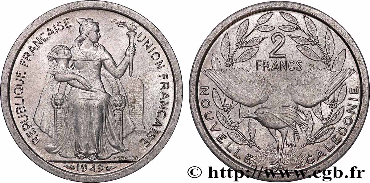 NEW CALEDONIA 2 Francs Union Française 1949 Paris AU 