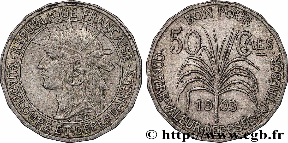 GUADELOUPE Bon pour 50 Centimes indien caraïbe / canne à sucre 1903  XF 