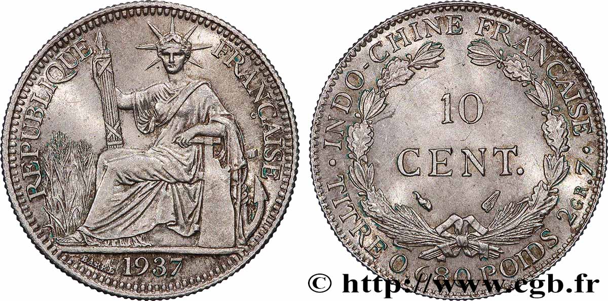 FRENCH INDOCHINA 10 Centièmes 1937 Paris AU 