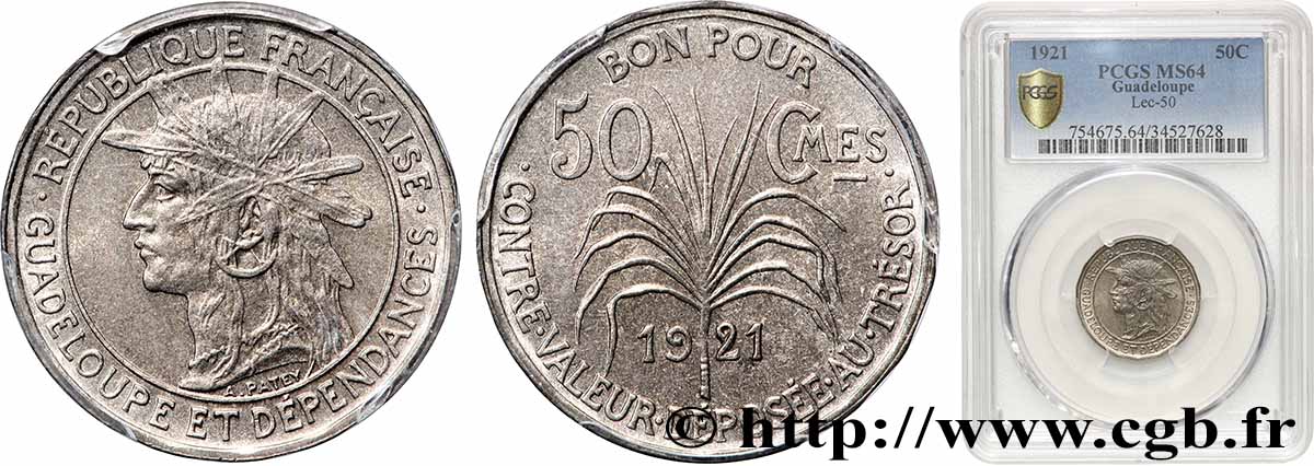 GUADELOUPE Bon pour 50 Centimes indien caraïbe 1921  fST64 PCGS