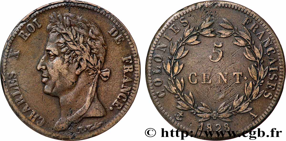 COLONIES FRANÇAISES - Charles X, pour la Guyane 5 Centimes Charles X 1828 Paris - A TB+ 