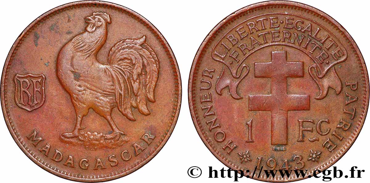 MADAGASCAR - Forze Francesi Libere 1 Franc 1943 Prétoria BB 