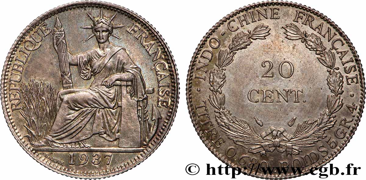 INDOCHINE FRANÇAISE 20 Centièmes 1937 Paris TTB+ 