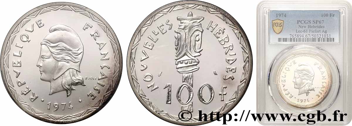 NEW HEBRIDES (VANUATU since 1980) Piéfort 100 Francs argent 1974 Paris MS67 PCGS