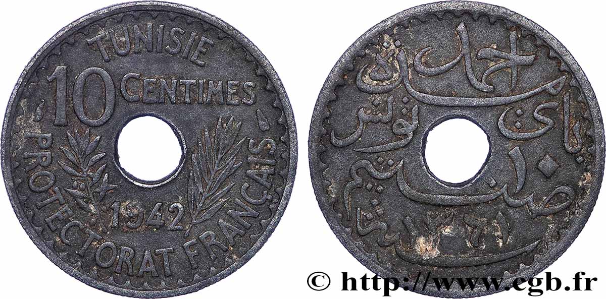 TUNISIA - French protectorate 10 Centimes AH 1361 1942 Paris XF 