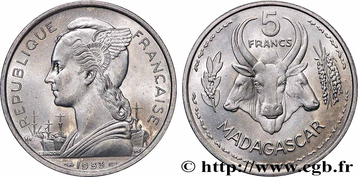 MADAGASKAR - FRANZÖSISCHE UNION 5 Francs Marianne / buffles 1953 Paris VZ 