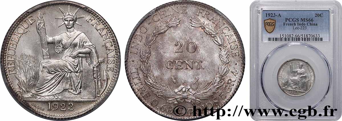 INDOCHINA 20 Centièmes 1923 Paris FDC66 PCGS