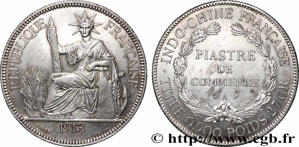 INDOCHINA 1 Piastre de Commerce 1913 Paris EBC+ 