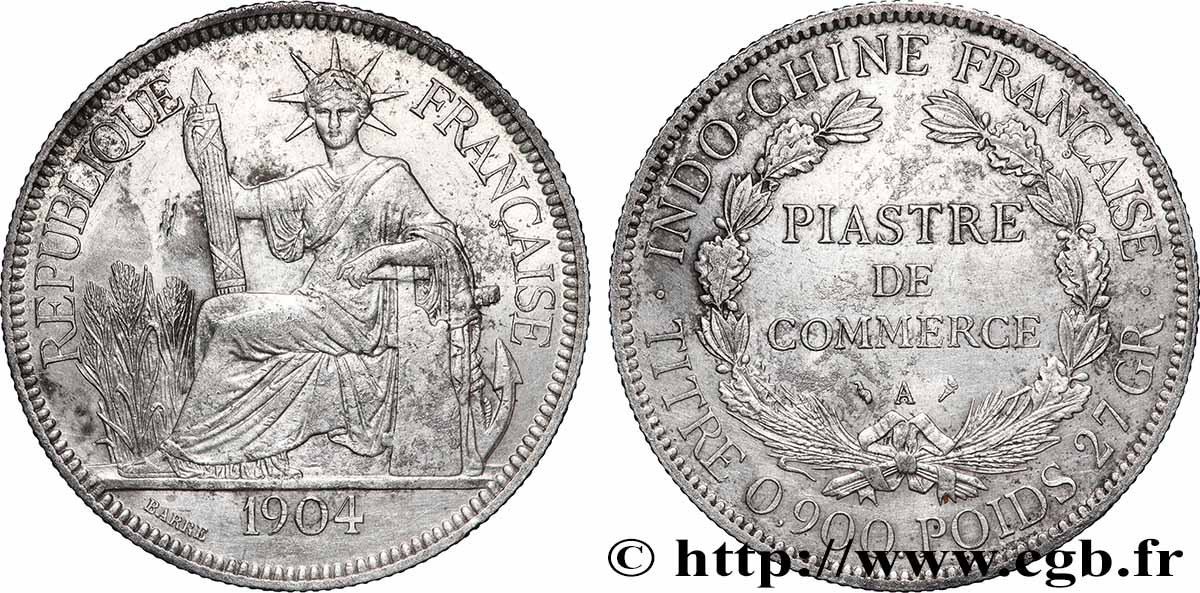 INDOCHINE FRANÇAISE 1 Piastre de Commerce 1904 Paris TTB+ 