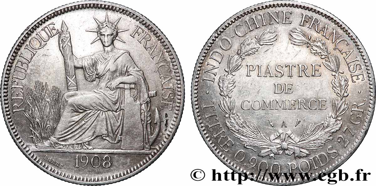 INDOCINA FRANCESE 1 Piastre de Commerce 1908 Paris SPL 