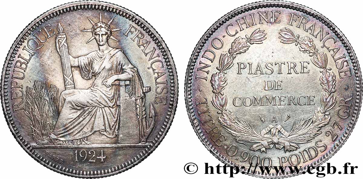 INDOCINA FRANCESE 1 Piastre de Commerce 1924 Paris q.SPL/SPL 