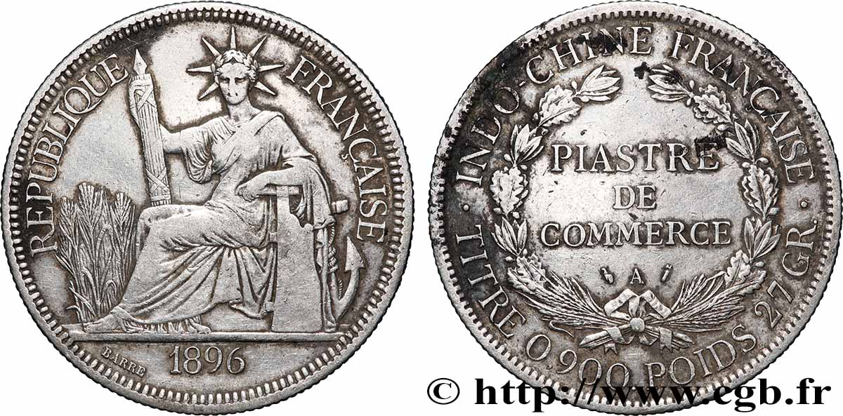 FRANZÖSISCHE-INDOCHINA 1 Piastre de Commerce 1896 Paris fSS 
