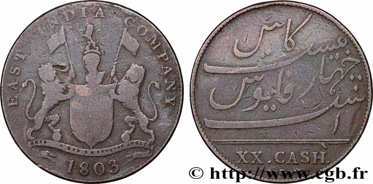 ISLE OF FRANCE (MAURITIUS) XX (20) Cash East India Company 1803 Madras VF 