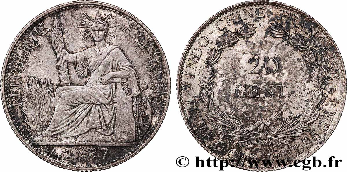 INDOCHINE FRANÇAISE 20 Centièmes 1937 Paris SUP 